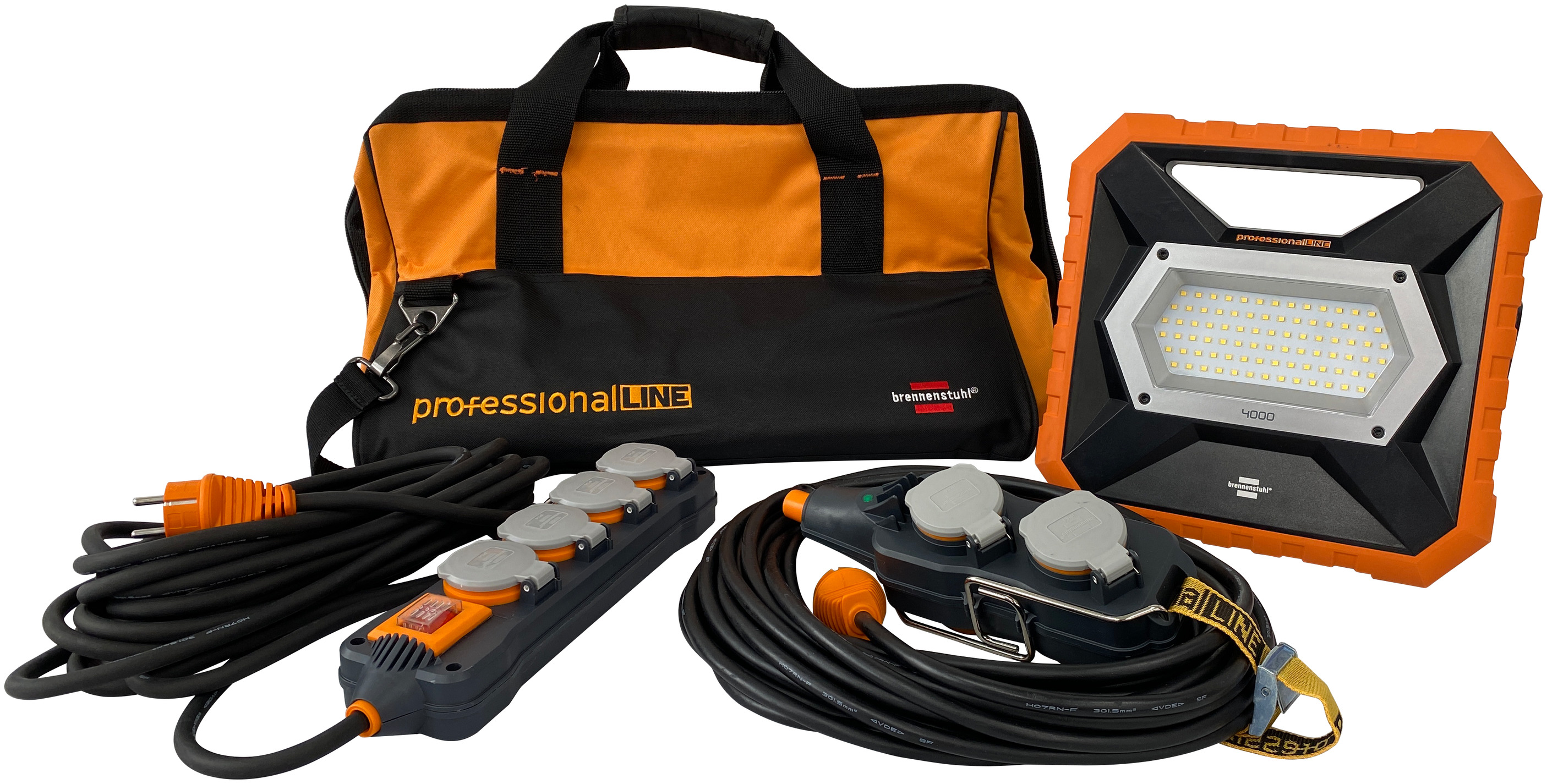 professionalLINE Industriemontage-Set, Tasche, Mobiler Akku LED Strahler X 4000 MA, Powerblock mit Verlängerungskabel, Steckdosenblock mit Schalter