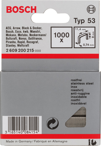 Feindrahtklammer Typ 53, 11,4 x 0,74 x 8 mm, 1000er-Pack, rostfrei