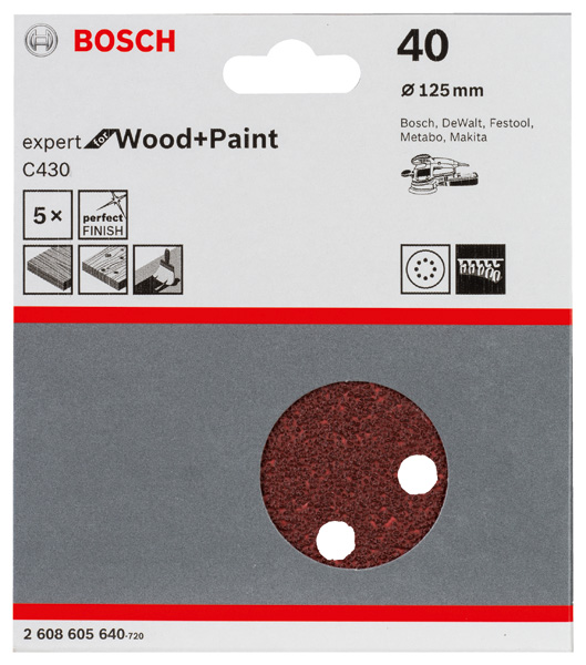 Schleifblatt C430, 125 mm, 40, 8 Löcher, Klett, 5er-Pack