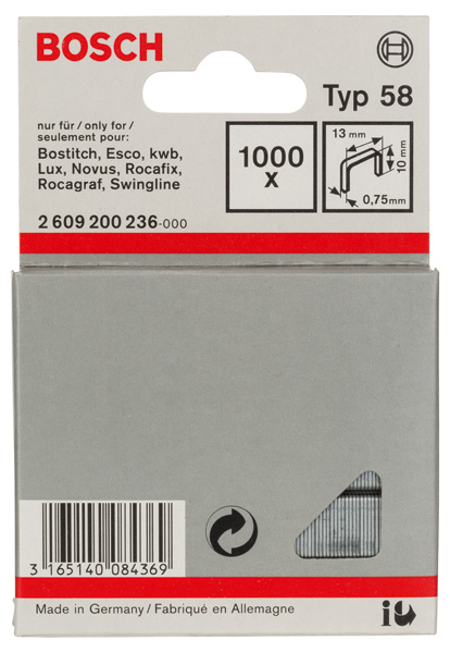 Feindrahtklammer Typ 58, 13 x 0,75 x 10 mm, 1000er-Pack