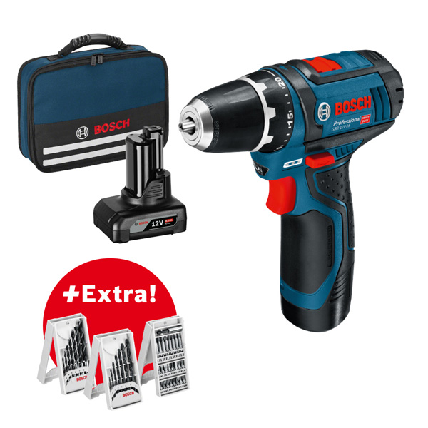 Akku-Bohrschrauber GSR 12V-15, mit 1 x 2.0 Ah, 1 x 4.0 Ah, Zubehör-Set in Tasche