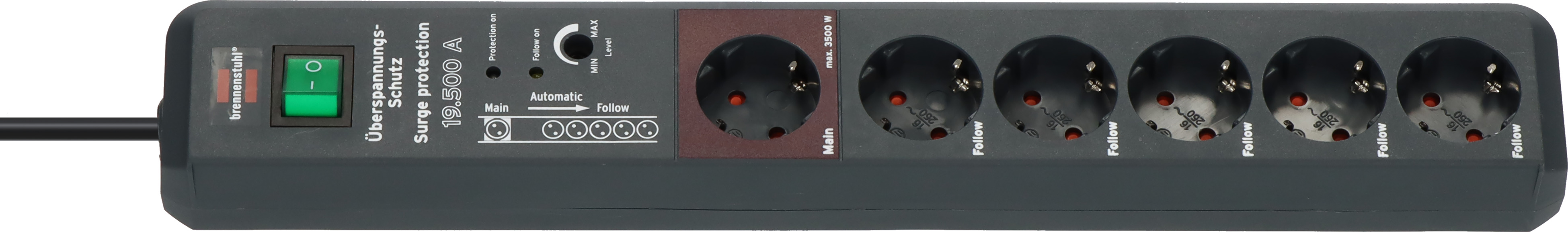 Secure-Tec 19.500A Überspannungsschutz-Automatiksteckdosenleiste  6-fach anthrazit 3m H05VV-F 3G1,5 1xMain 5xFollow