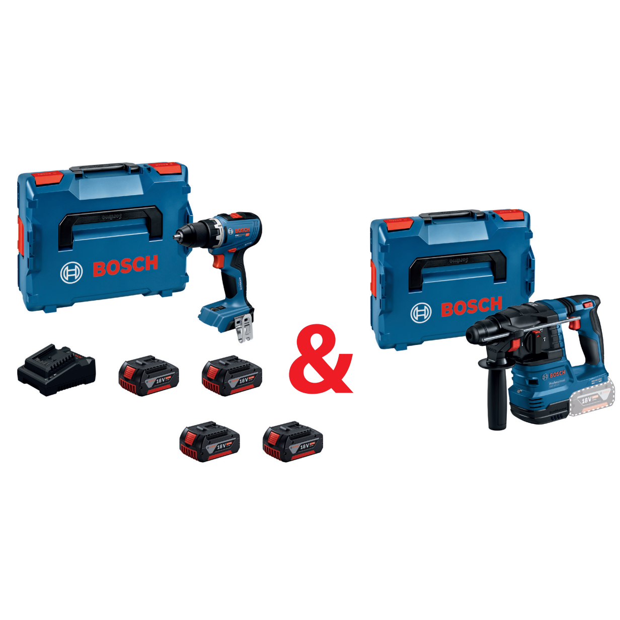 Set: Bosch Akku-Bohrschrauber GSR 18V-65 + Akku-Borhammer GBH 18V-22 + 4x Bosch Akkus GBA 18 V 5,0 Ah