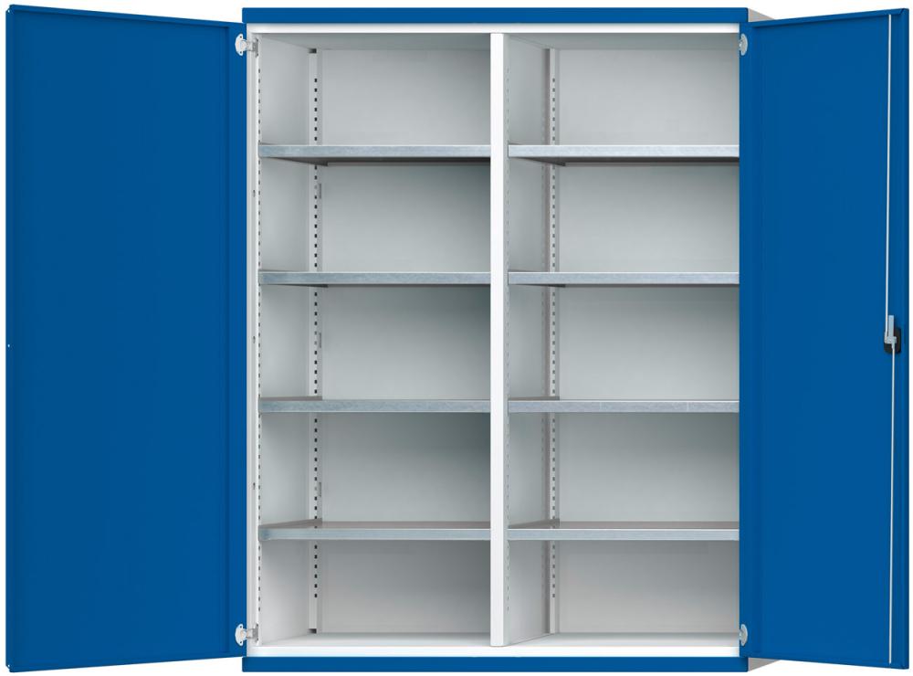 Schwerlastschrank B1485xT400xH1950mm RAL7035/5010 m.Mittelwand8 Böden