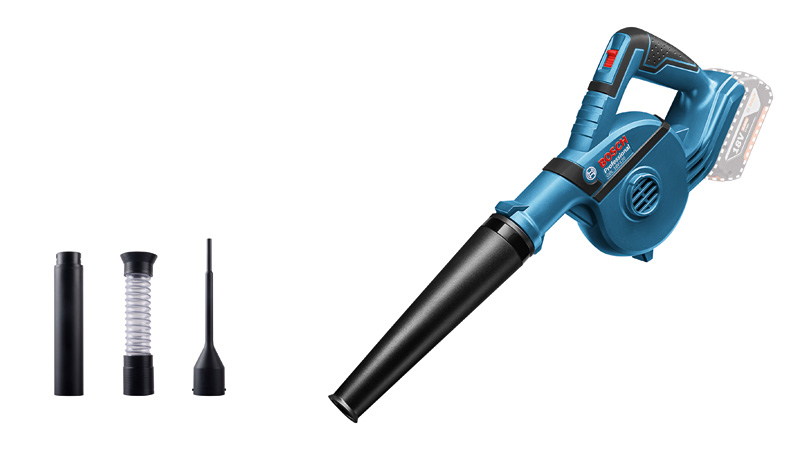 Akku-Gebläse GBL 18V-120 von Bosch mit Düsenaufsätzen. Produktbild Lieferumfang