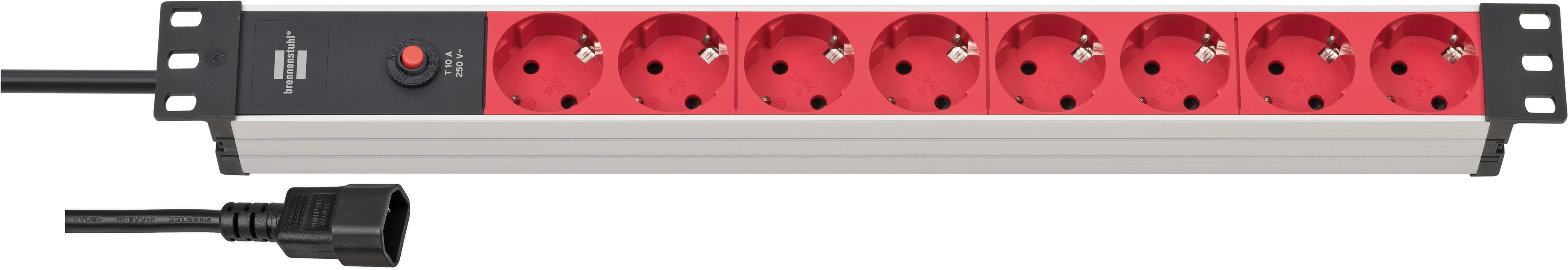 Alu-Line 19" Steckdosenleiste für Schaltschränke mit 10A Sicherungsautomat und Kaltgerätestecker IEC C14 8-fach silber/rot 2m H05VV-F 3G1,0