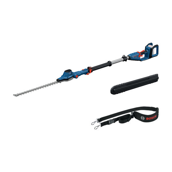 Teleskop-Heckenschere GHE 18V-50 von Bosch mit Tragegurt. Produktbild Lieferumfang