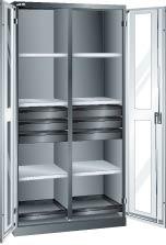 Flügeltürenschrank B1000xT580xH1950mm RAL 5012,Sichtfenstertür 8 Böden,6Schubladen