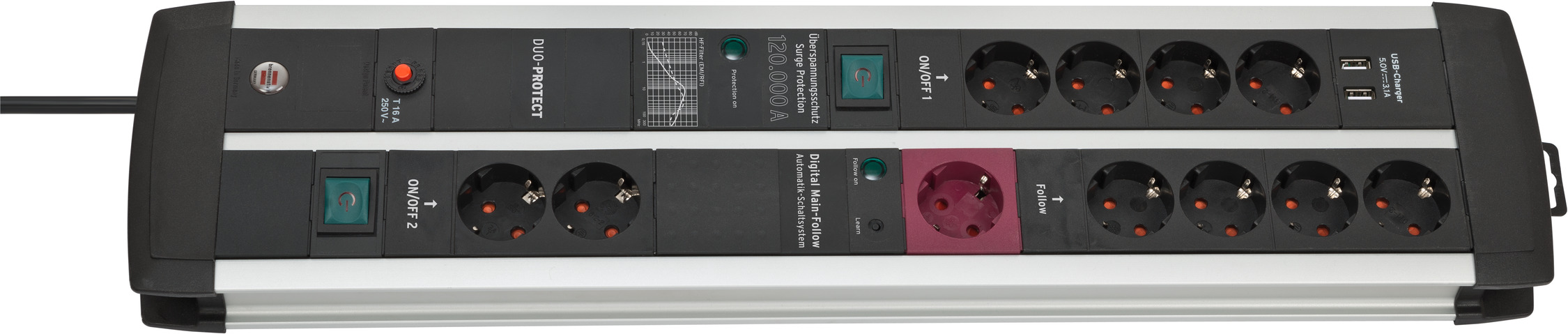 Premium-Protect-Line 120.000A Überspannungsschutz-Automatiksteckdosenleiste mit USB-Ladefunktion 11-fach Duo 3m H05VV-F 3G1,5 1xMain 4xFollow 4xPermanent