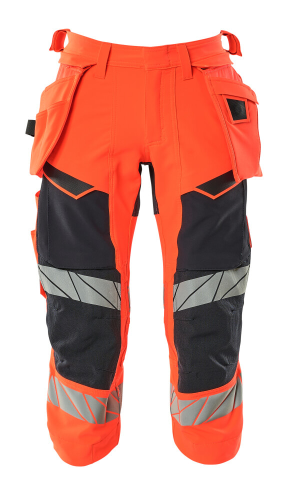 Dreiviertel-Hose, Hängetaschen, Stretch Dreiviertel-Hose Größe C44, Hi-vis rot/schwarzblau
