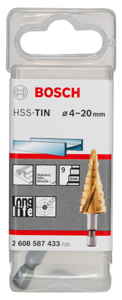 Stufenbohrer HSS-TiN, 4 - 20 mm, 1/4-Zoll, 70,5 mm, 9 Stufen