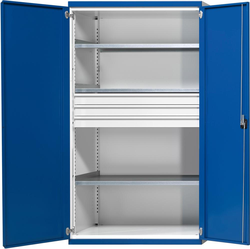 Schwerlastschrank B1085xT690xH1950mm RAL7035/5010 o.Mittelwand3Böden,3Schubladen 200kg