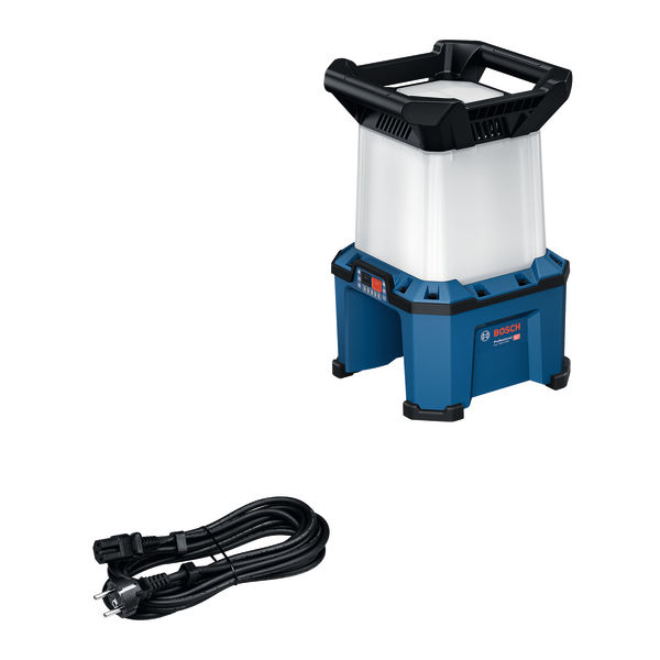 Bosch GLA 18VH-7500 Akku-Baustellenleuchte mit Kabel. Produktbild Lieferumfang