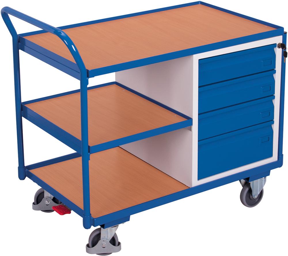 Tischwagen 250kg B1125xT625xH1010mm RAL 7035/5010 4 Schubladen,3Ladeflächen