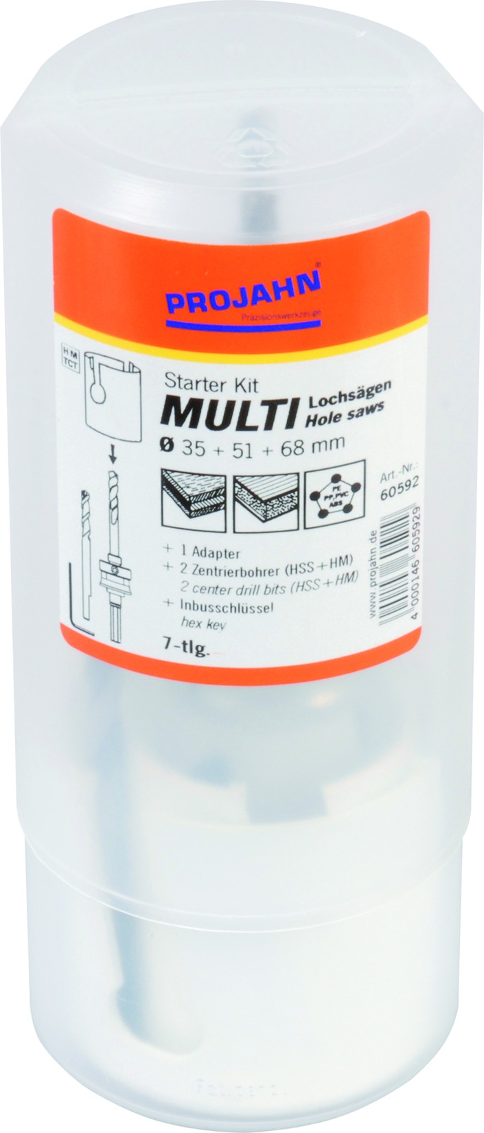Starter Kit TCT 7-tlg  im Blister bestehend aus den TCT-Lochsägen: 68, 51 und 35 1 x Adapter, 2 x Zentrierbohrer, 1 x Inbus