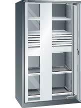 Einschwenktürenschrank B1100xT641xH1950mm RAL 5012,Sichtfenstertür 4 Böden,3 Schubladen