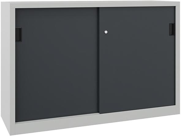 PAVOY Schwerl.-Schiebetü-renschr. m. Bl.-Türen. u.Mittelw. Böd. besch. 150-0x600x1000mm 7035/7016