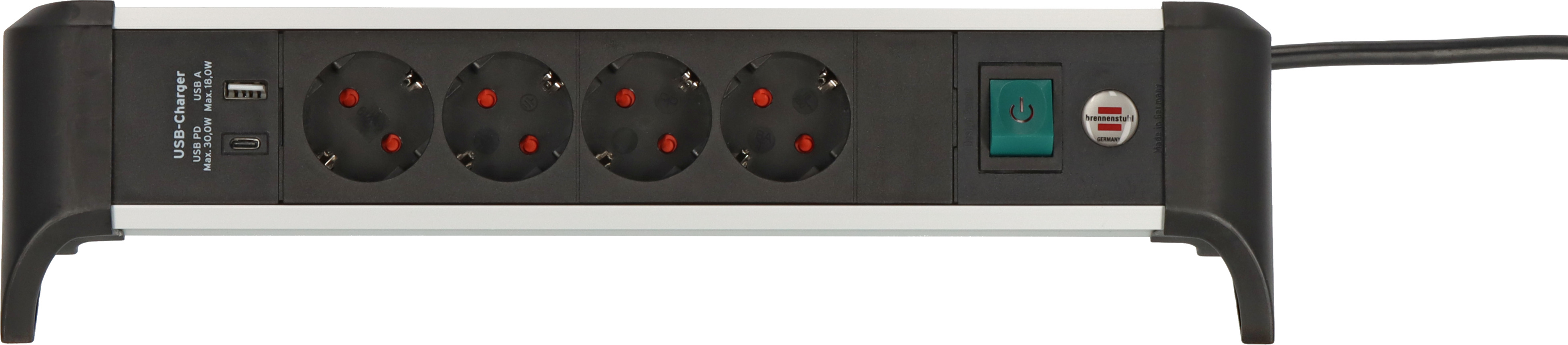 Alu-Office-Line Steckdosenleiste mit USB Power Delivery USB-Ladefunktion 4-fach 1,8m H05VV-F 3G1,5