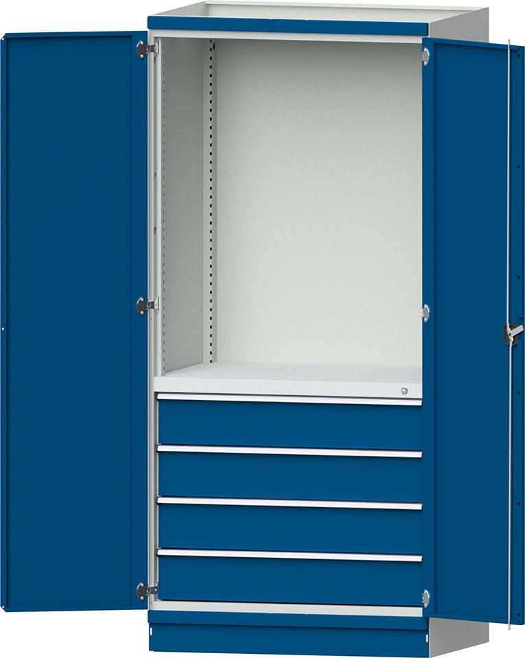 Modulschrank Modell 2409 B1015xT720xH2200mm RAL 7035/5010 mit Türen 4 Schubladen