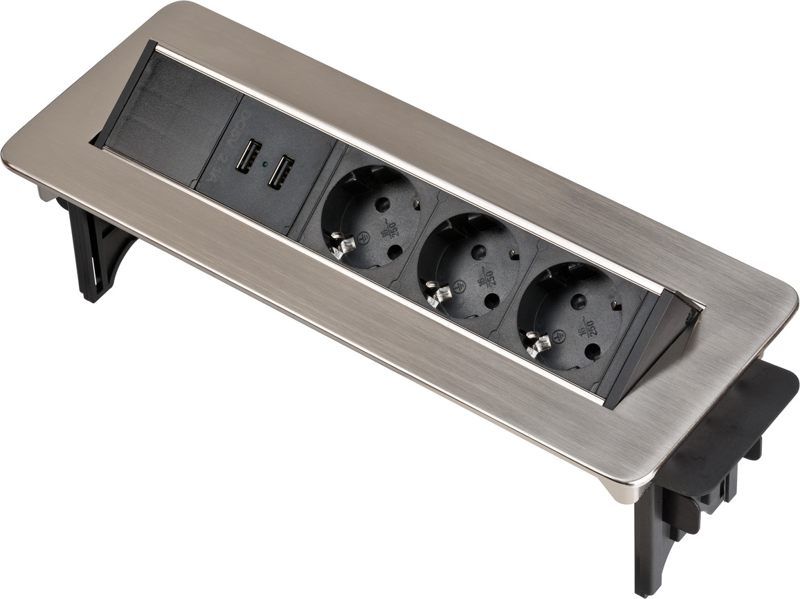 Indesk Power USB-Charger Tischsteckdosenleiste 3-fach, 2xUSB, 2m H05VV-F 3G1.5