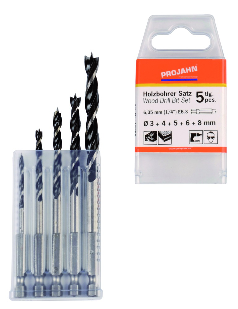 Holzspiralbohrer Satz 6-kant Schaft E6.3  5-tlg. (3, 4, 5, 6, 8 mm)