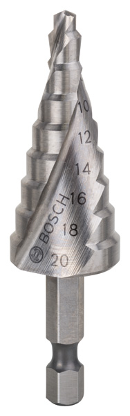 Stufenbohrer HSS, Sechskantschaft, 4 - 20 mm, 1/4-Zoll, 70,5 mm, 9 Stufen
