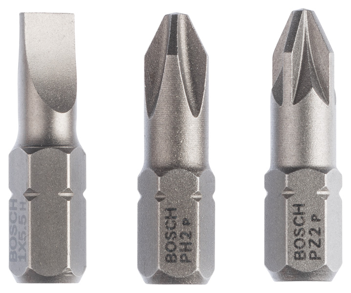 Schrauberbit-Set Extra-Hart (gemischt), 3-teilig, S 1,0x5,5, PH2, PZ2, 25 mm