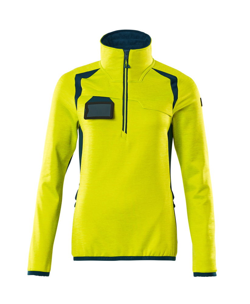Fleecepullover mit kurzem Zipper, Damen Microfleecejacke Größe 2XL, hi-vis gelb/dunkelpetroleum