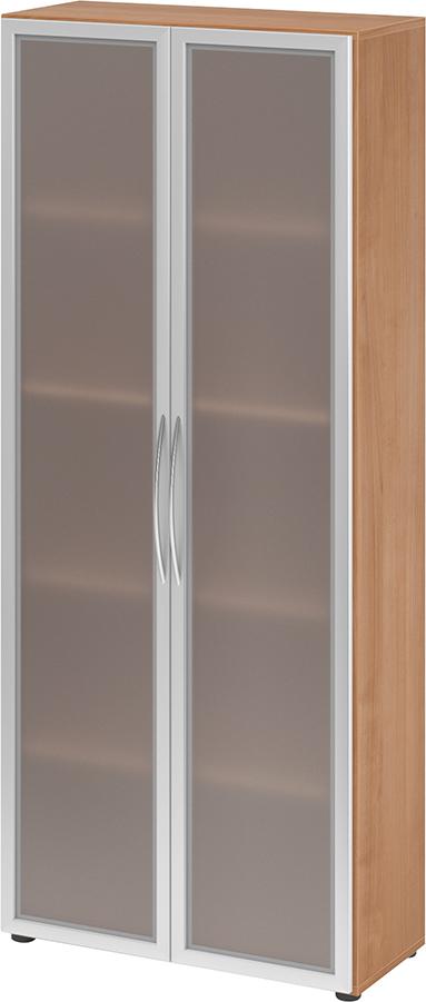 Glastürenschrank , 5 OH K: Nussb./F:Rahm.Silb./MG80x34,9x188 cm (BxTxH) 4200 BM