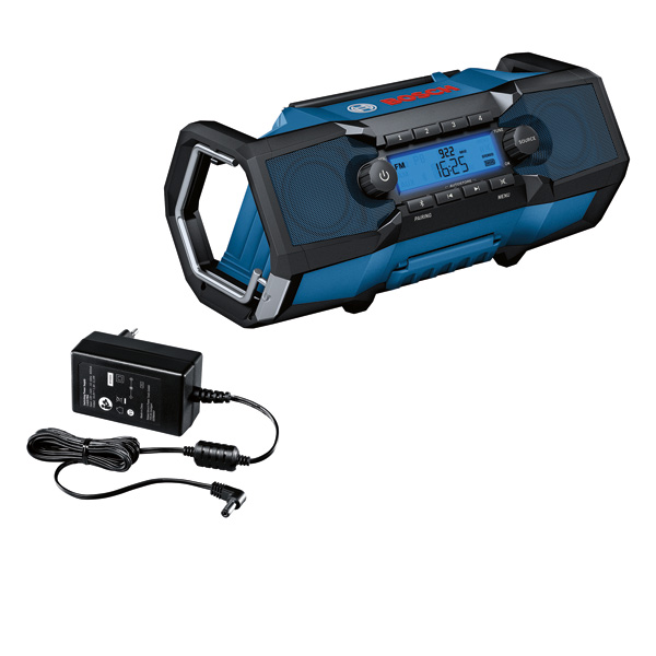 Bosch GPB 18V-2 C Baustellenradio mit Ladegerät. Produktbild Lieferumfang