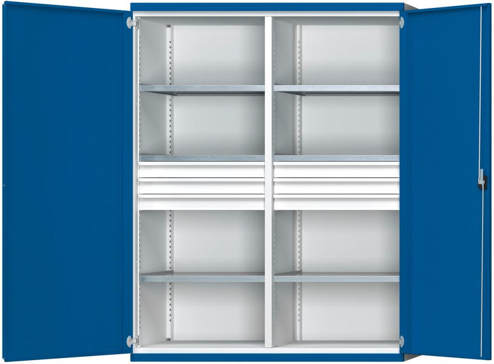 Schwerlastschrank B1485xT630xH1950mm RAL7035/5010 m.Mittelwand6Böden,6Schubladen 100kg