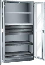 Flügeltürenschrank B1000xT580xH1950mm RAL 5012,Sichtfenstertür 4 Böden,3Schubladen