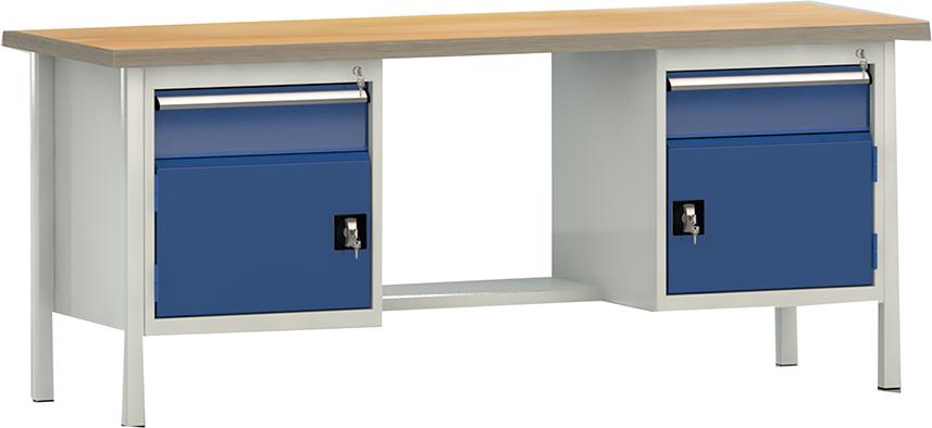 KLW Werkbank Standard L 2000 x T 700 x H 840 mmRAL 7035 / 5010 2 Schubl., 2 Flügeltüren