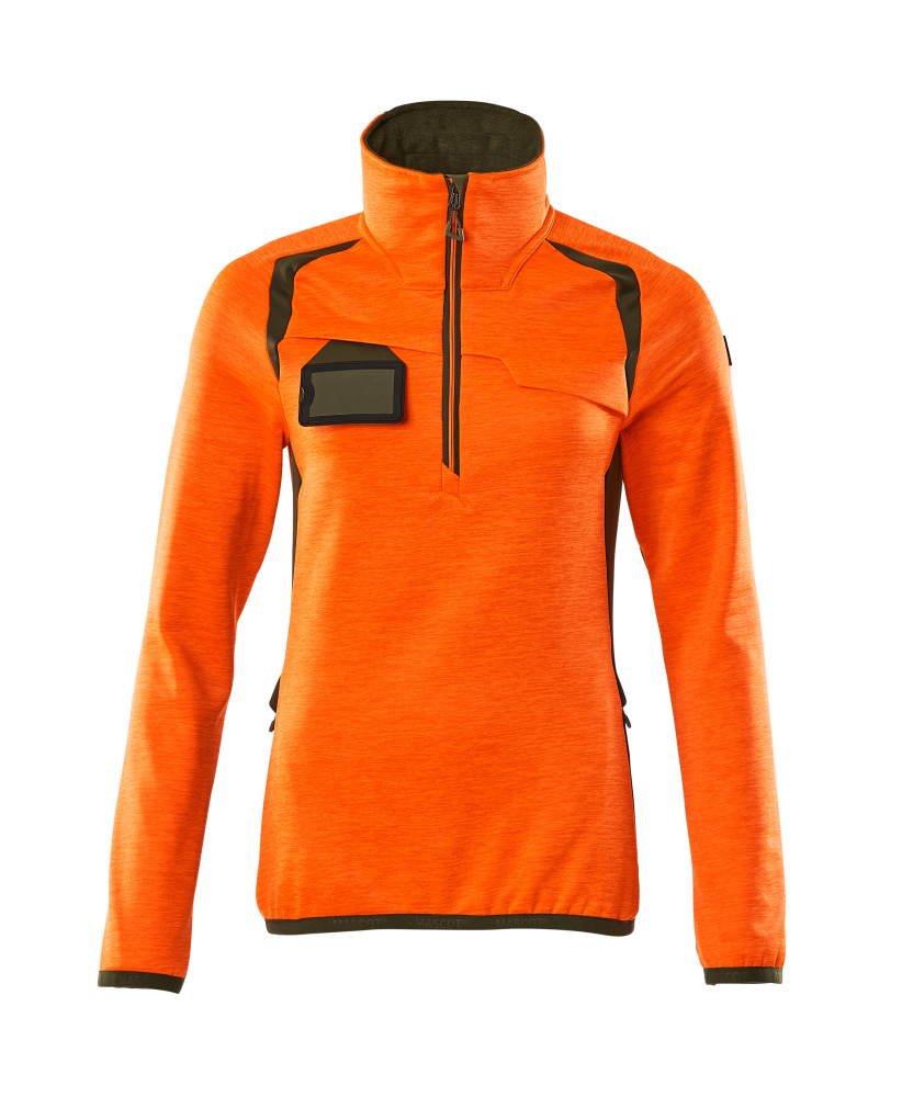 Fleecepullover mit kurzem Zipper, Damen Microfleecejacke Größe 2XL, hi-vis orange/moosgrün
