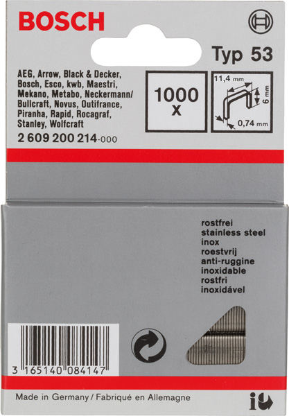 Feindrahtklammer Typ 53, 11,4 x 0,74 x 6 mm, 1000er-Pack, rostfrei
