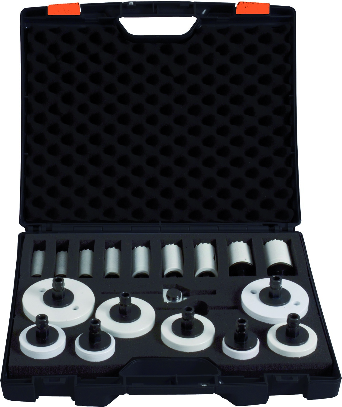 BiMetall Lochsaegen-Koffer "Universal" 18 tlg. 17 an der Lochsaege vormontierte Verbindungsstücke, inkl. 1 x Schnellwechsel-Adapter