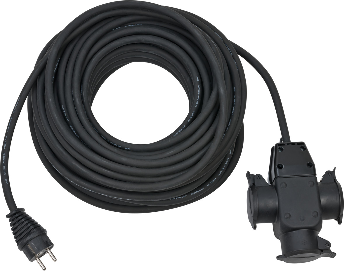 Baustellen-Verlängerungskabel 25m H07RN-F3G1,5 schwarz mit 3-fach Gummikupplung IP44