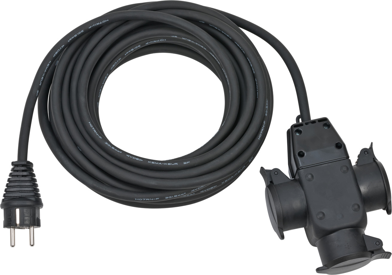 Baustellen-Verlängerungskabel 10m H07RN-F3G1,5 schwarz mit 3-fach Gummikupplung IP44