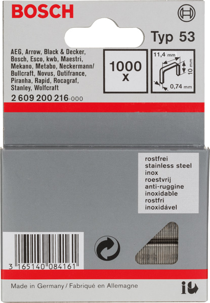 Feindrahtklammer Typ 53, 11,4 x 0,74 x 10 mm, 1000er-Pack, rostfrei