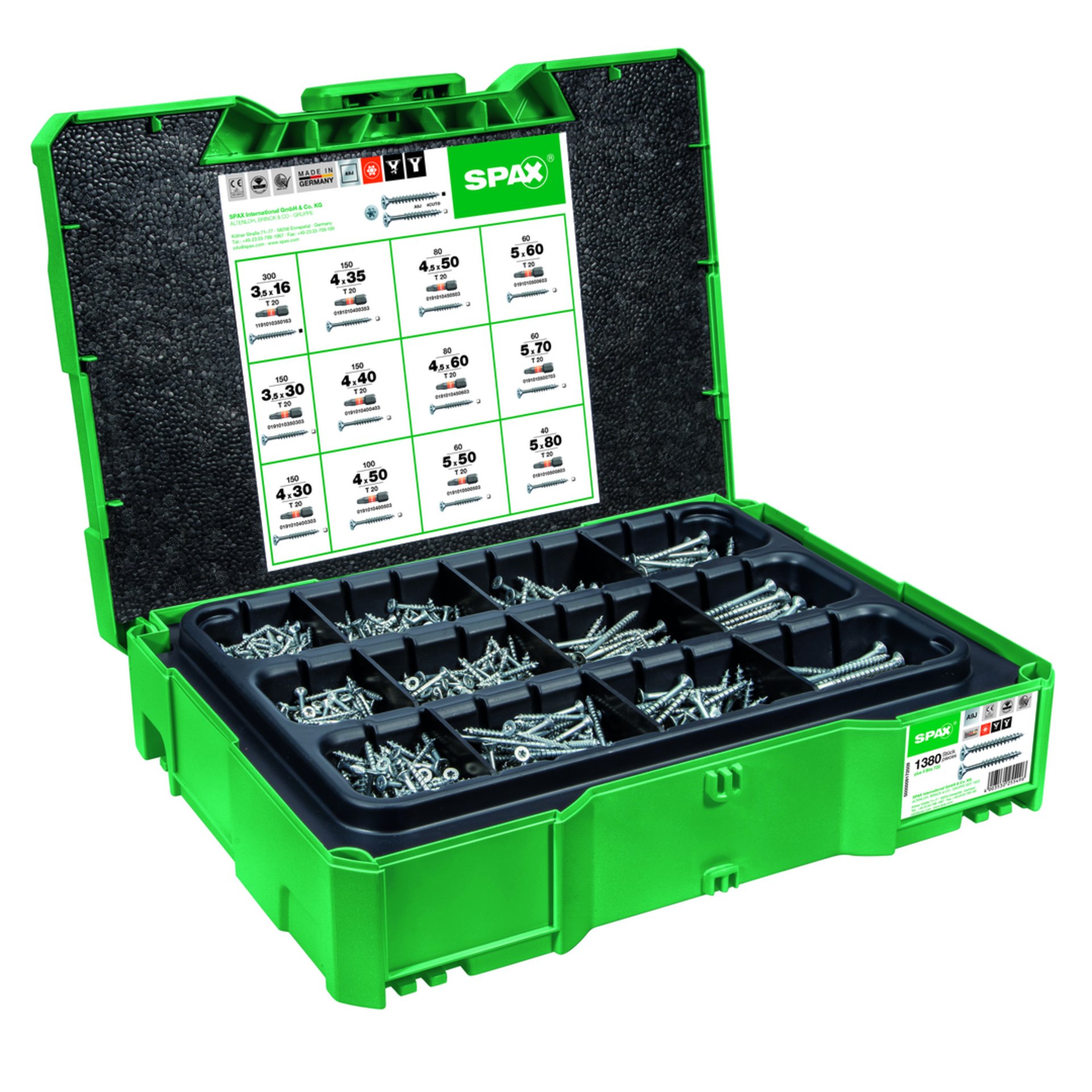 SPAX Box Systainer T-Loc I, Schraubenset mit 12 Abmessungen, 1380 Schrauben + 5 Bits, Senkkopf, T-STAR plus, 4CUT, WIROX