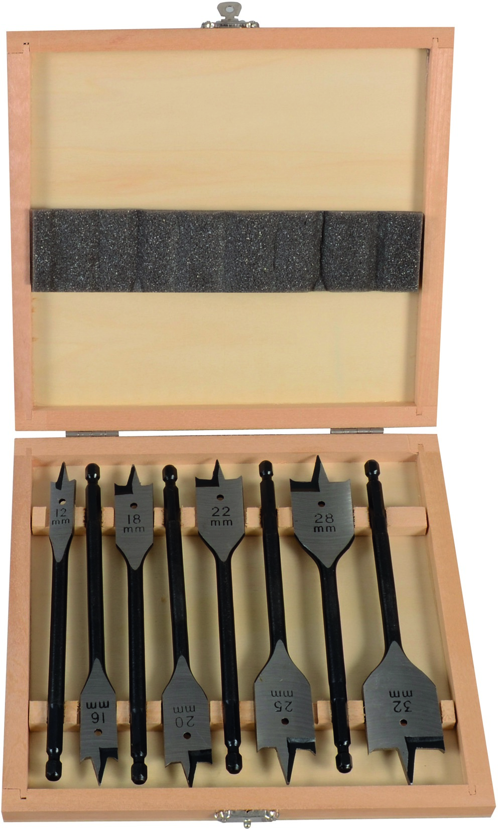 Flachholzbohrer-Set 8 teilig Durchmesser 12-16-18-20-22-25-28-32 mm