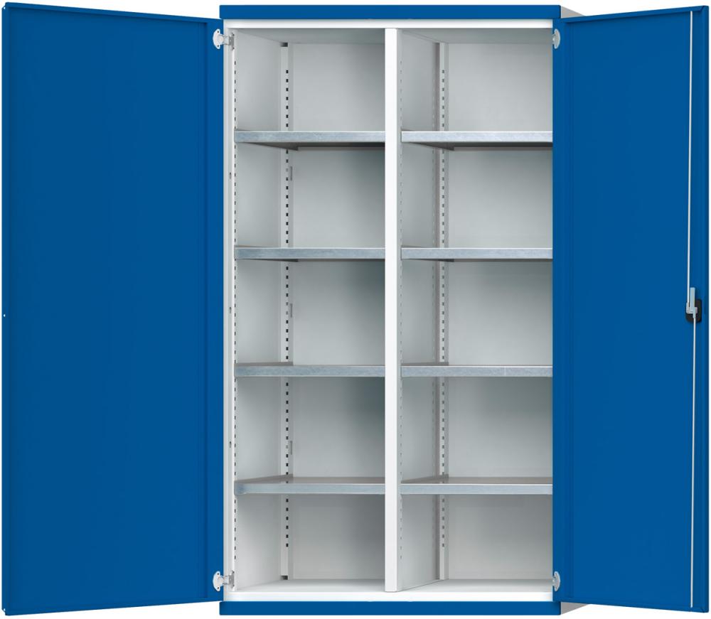 Schwerlastschrank B1085xT400xH1950mm RAL7035/5010 m.Mittelwand8 Böden